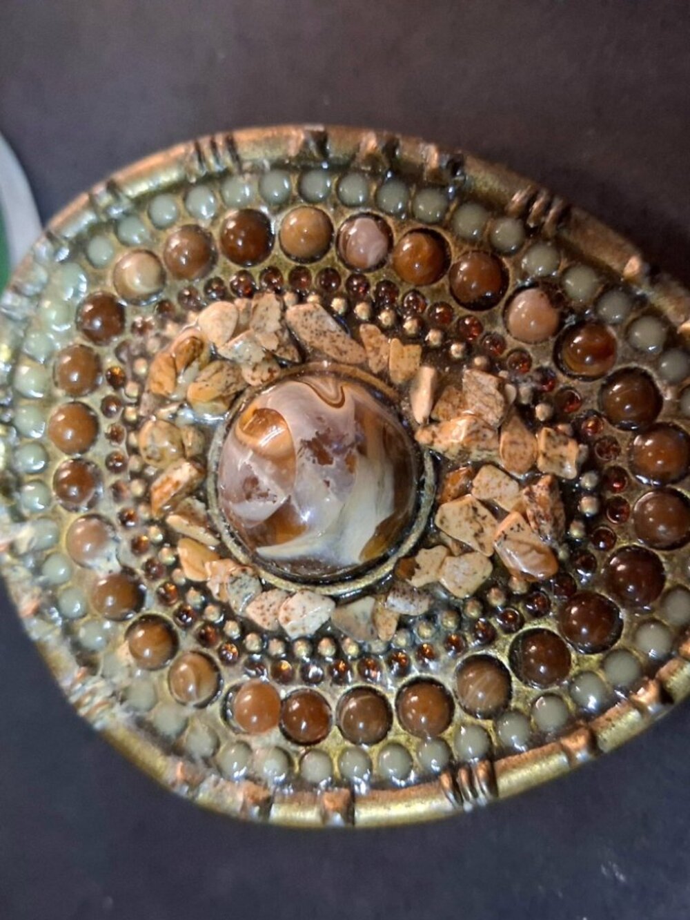 Vintage Western Belt Buckle Mosaic Stone Bead Cluster Agate Cabochon Earth Tones